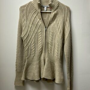 Autumn Cashmere blend zip up cardigan ruffle flare knit sweater beige size M